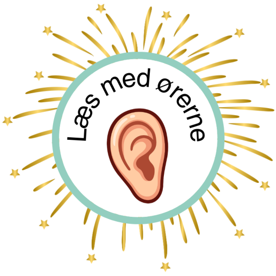 Grøn cirkel med et øre i midten. Tekst: Læs med ørerne