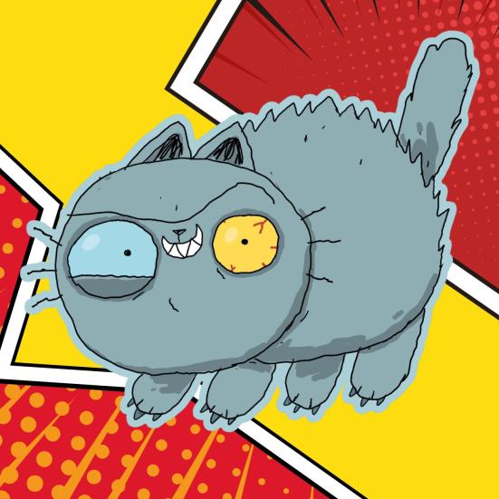 Illustration af den fjollede grå kat Møgmis med forskelligfarvede øjne.