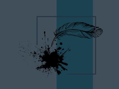 Grafisk illustration af en fjerpen med en blækklat på en mørk baggrund.
