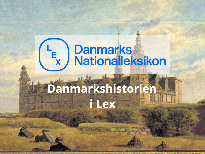 Collage af logoerne til Danmarkshistorien og Lex, sammen med maleri af Kronborg Slot. 