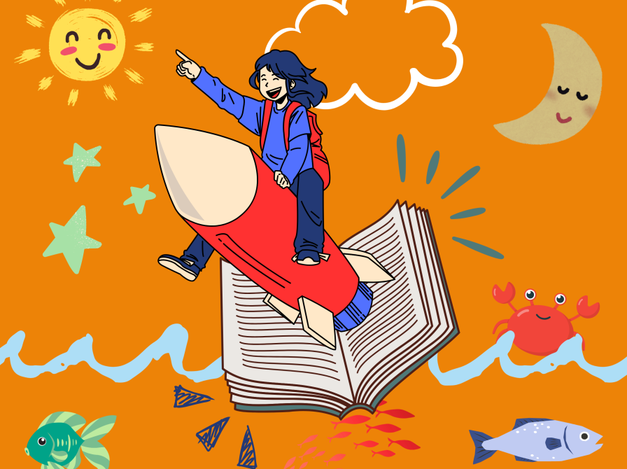Grafik af barn der skyder ud af en bog på en raket. 