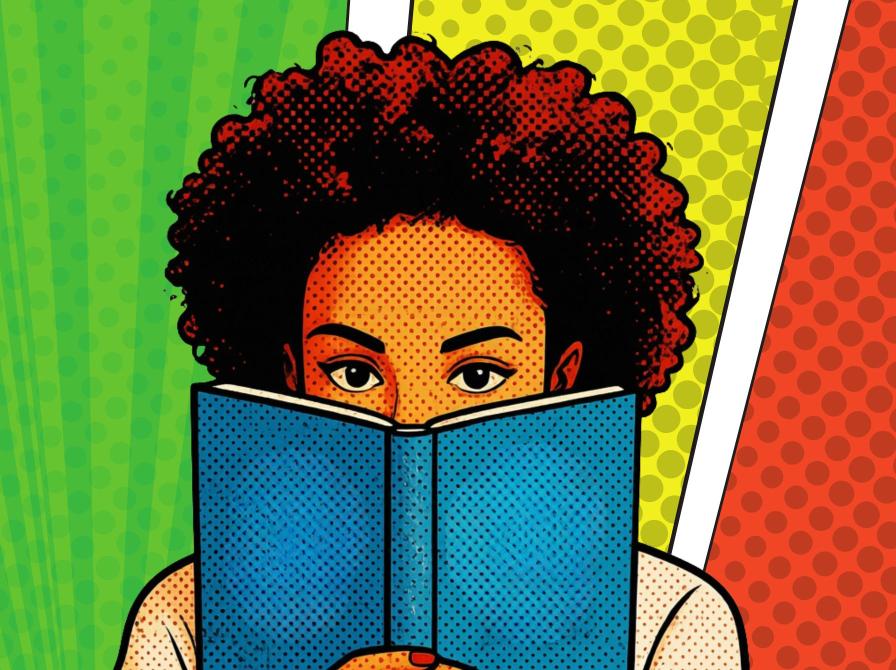 Tegneserieillustration: person med afro kigger op bag en åben, blå bog.